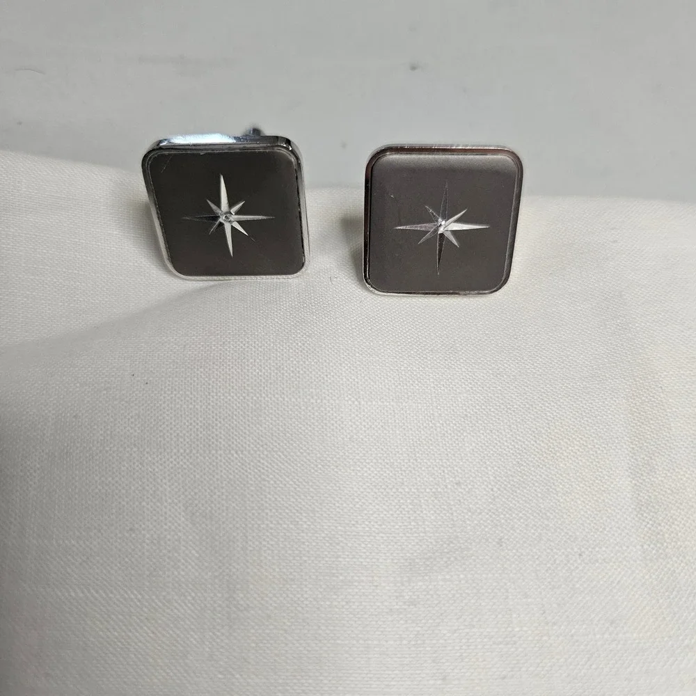 Vintage Silver Tone Starburst Cufflinks Mid Century Modern North Star Square
